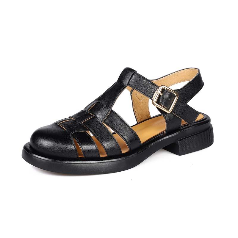 

Sandals Genuine Leather Women Retro Fisherman Summer Buckle Low Heels Black Khaki White Closed Toe Shoes SmallHut BrandSandalsSandals