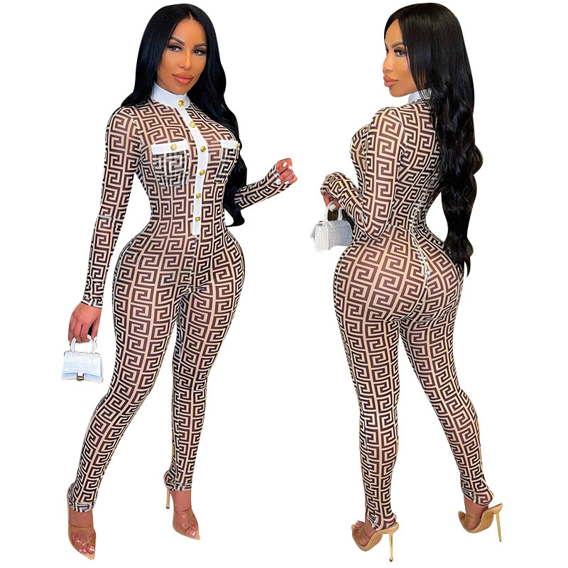 

Womens Tracksuits Sexy Bodycon Jumpsuit Romper Long Sleeve Bodysuit Women Zipper Turtleneck Jumpsuits Elegant Full Length Polyester Yoga Clo, Brown