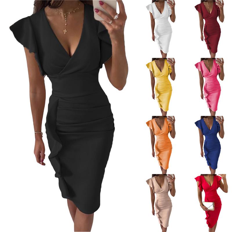 

Casual Dresses Women Solid Color Short Sleeve Close-fitting Ruffles Dress Deep V-neck Slim Pleated Bodycon Office Ladies Midi DressCasual, Pink