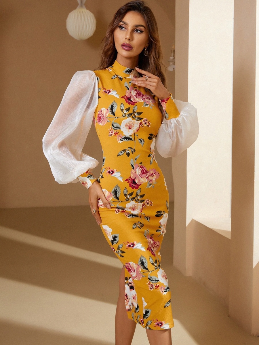 

floral Print Contrast Mesh Lantern Sleeve Slit Back Bodycon Dress L84d#, Yellow