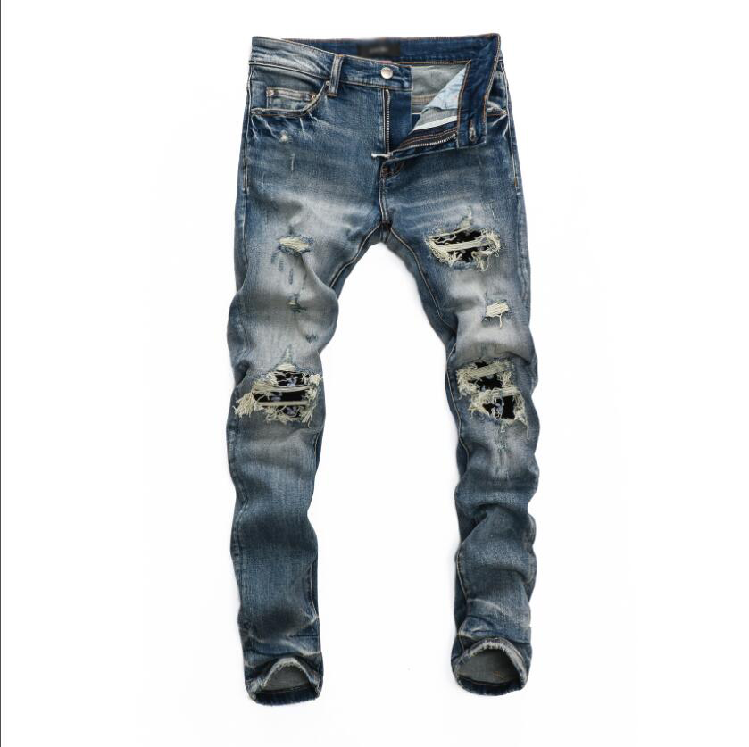 

2021 hip-hop high street fashion brand jeans retro torn fold stitching men's designer motorcycle riding slim pants size 28~40#706, Black
