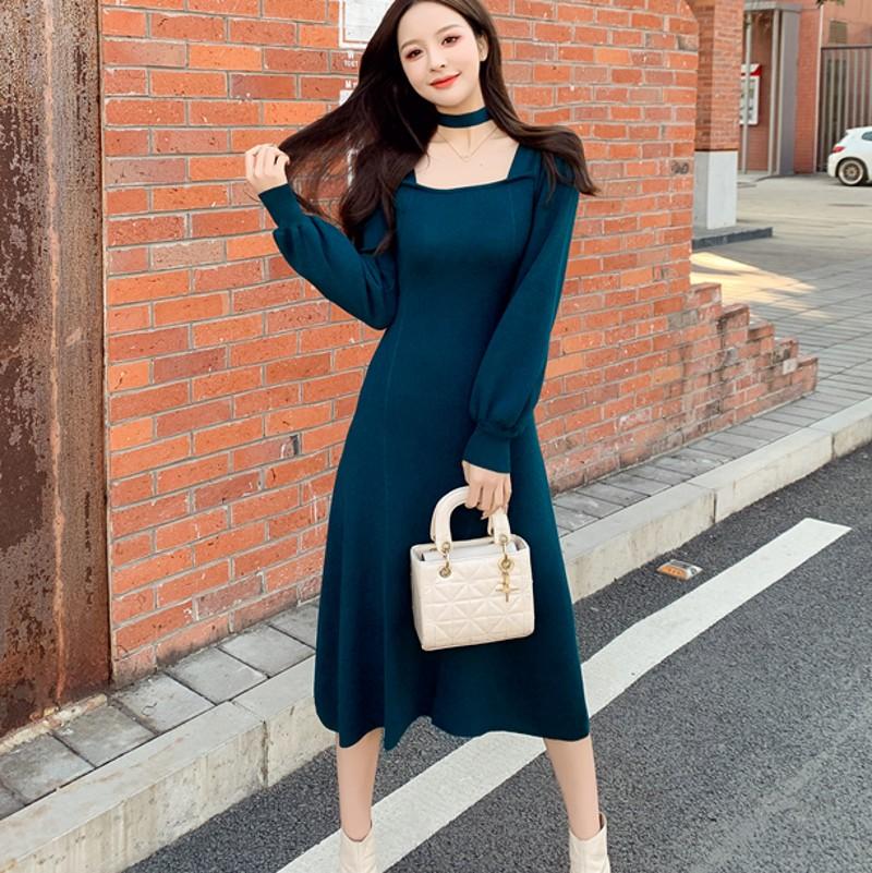 

Casual Dresses 2022 Autumn Winter Elegant Women Sweater Dress Warm Slim Waist Female Knitted Vestidos, Black;gray