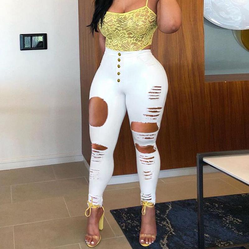 

Women' Jeans Summer 2022 Women White Ripped Sexy Hollow Out Destroyed Denim Pencil Pants Lady Fashion Button High Waist Skinny