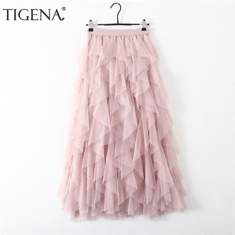 

TIGENA Fashion Tutu Tulle Skirt Women Long Maxi Skirt Korean Cute Pink High Waist Pleated Skirt Female School Sun spodnica Y200326, Light beige