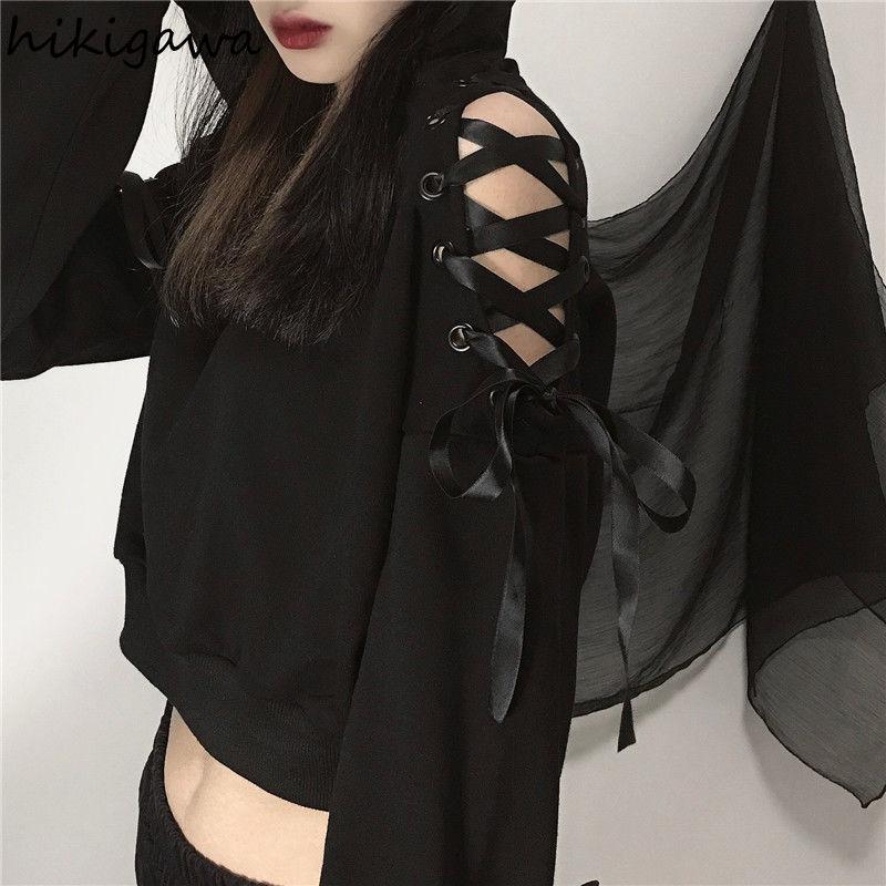 

Women's Hoodies & Sweatshirts Hikigawa Cropped Women Harajuku Korean Hooded Pullovers Tops Bandage Off Shoulder Sexy 2022 Roap Mujer, Black