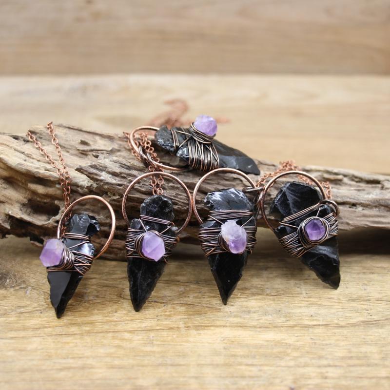 

Pendant Necklaces Natural Obsidian Arrow Soldered Bronze Hoop Pendants Antique Copper Wire Wrap Amethysts Charms Boy Boho Jewelry QC3309Pend
