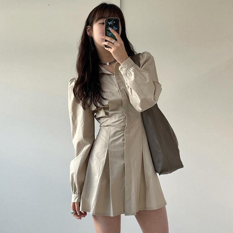 

Casual Dresses Women 2022 Korean Fashion Simple Pure Color Lapel Single-breasted Pleated Design Waist Shirt Dress Short Vestidos, Black;gray
