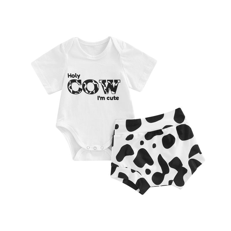

Clothing Sets 0-24M Infant Baby Girl 2Pcs Summer Set Short Sleeve Letter Cow Printed Bodysuit Elastic Waist ShortsClothing, As pic