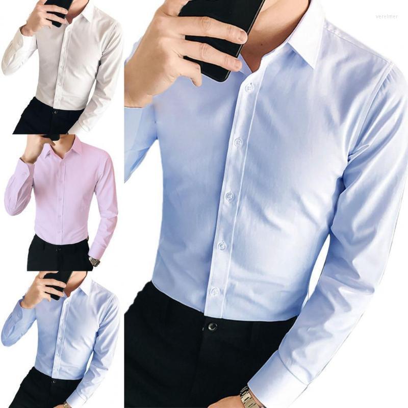 

Men's Dress Shirts Men Shirt Lapel Formal Summer Long Sleeve Buttons Solid Slim Male Social Casual Business White Pink Plus SizeMen's Vere22