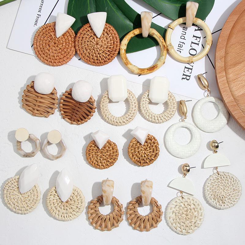 

Dangle & Chandelier Flatfoosie Korea Round Drop Earrings For Women Natural Geometric Wooden Bamboo Straw Weave Rattan Knit Vine Beach Earrin