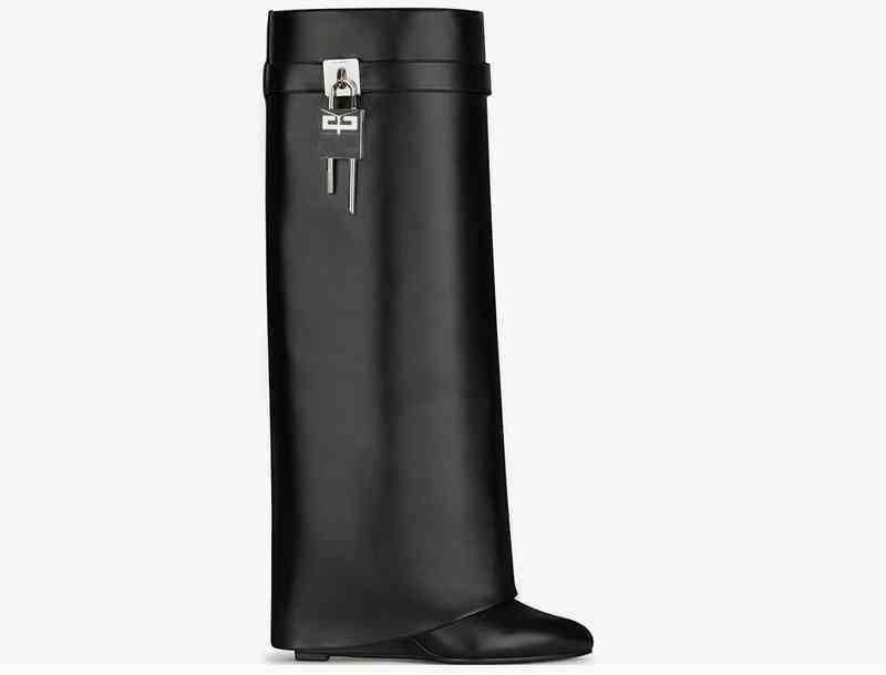 

SHARK LOCK Knee boots leather silver and gold finish asymmetrical metal padlock clad wedge almond shaped toe heel height 9cm, Black