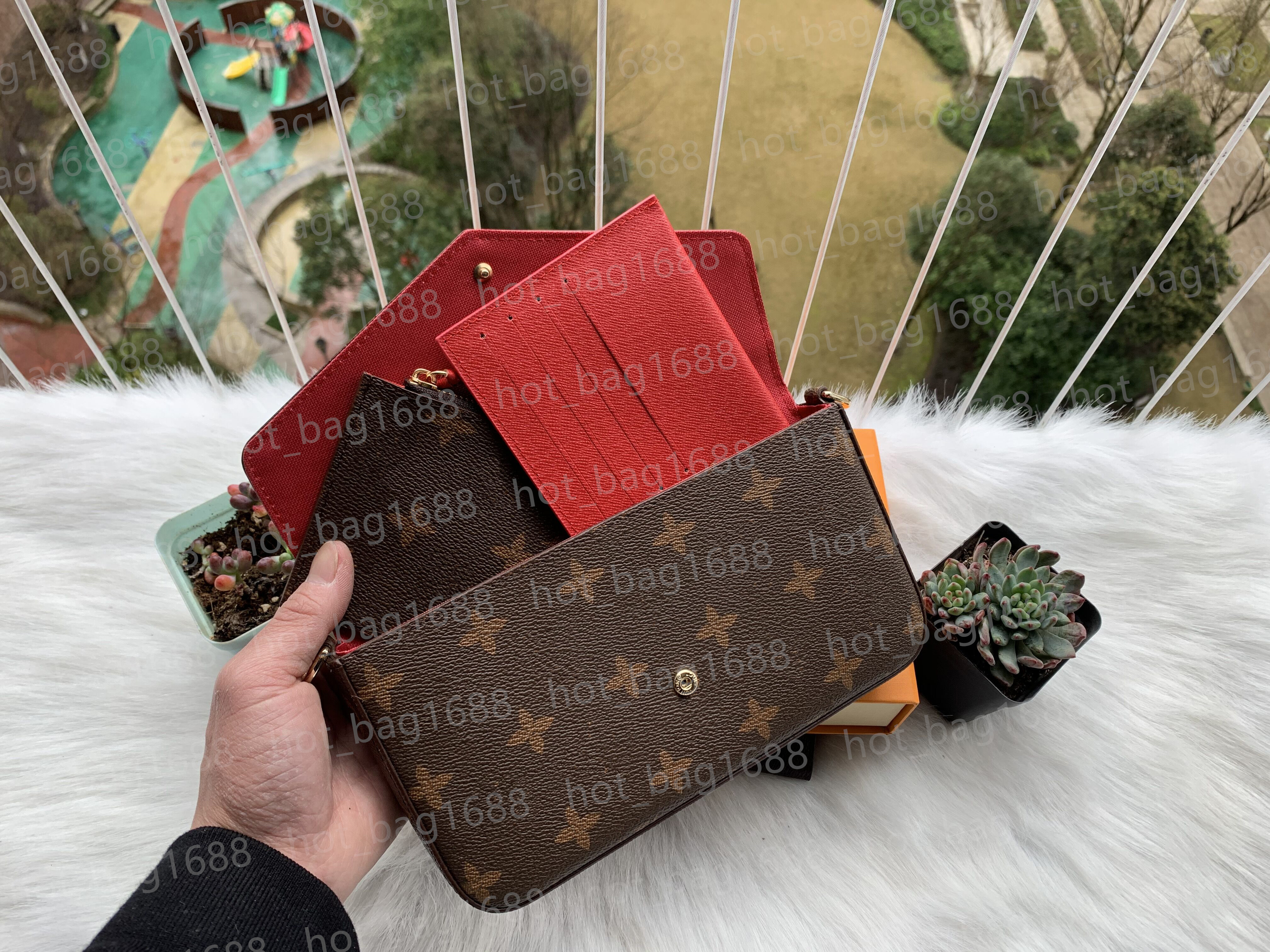 

3pcs/set Women Classic Luxury Shoulder Bags designer handbag Pochette Felicie Bag Genuine Leather Handbags louiseitys viutonitys Clutch Tote Messenger with box, Brown flower