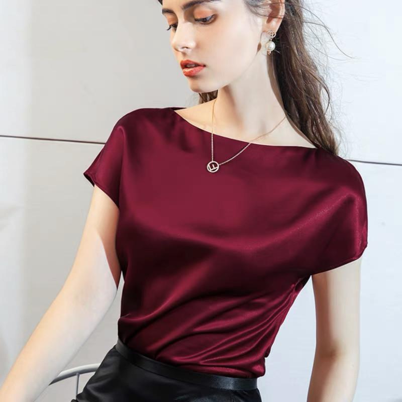 

Women' Blouses & Shirts Fashion Summer Basic Wild Women' Acetate Satin Boat Neck Short Sleeve Chiffon Tops Silk Elegant, Avocado green