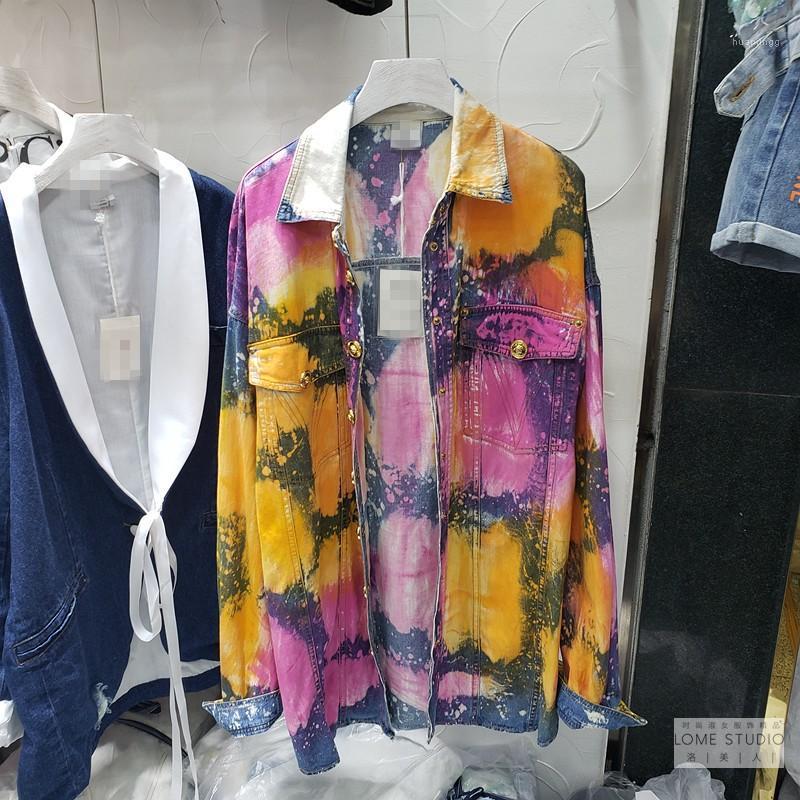 

Tie-Dye Hand-Painted Contrasting Color Lapel Denim Shirt Women European Heavy Industry Gold Button Cardigan Middle Long Women's Blouses & Sh, Pic