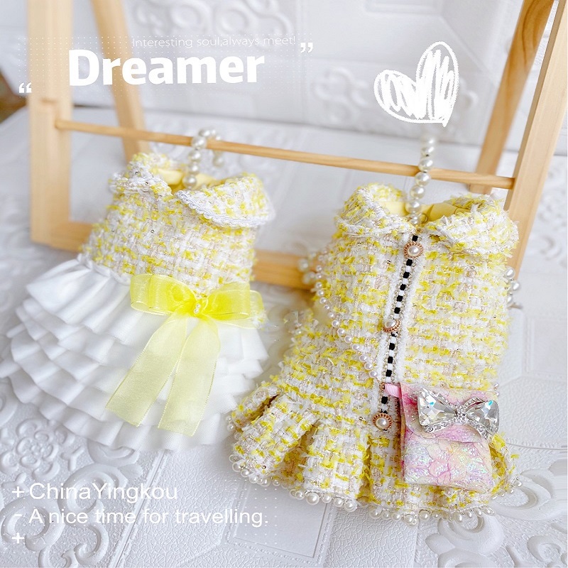 

Handmade Dog Apparel Lemon Yellow Tweed Dog Clothes Pet Coat Princess Dress Outfit Cake Skirt Classic Style Chain Bag Accessories 3 Choice, Vest