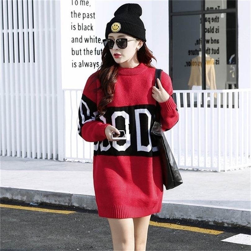 

Oversize Knitted Sweater Women Spring Autumn Fashion Elegant Women Sweaters And Pullovers Knitting Letter Sweater Dress 201210, Black