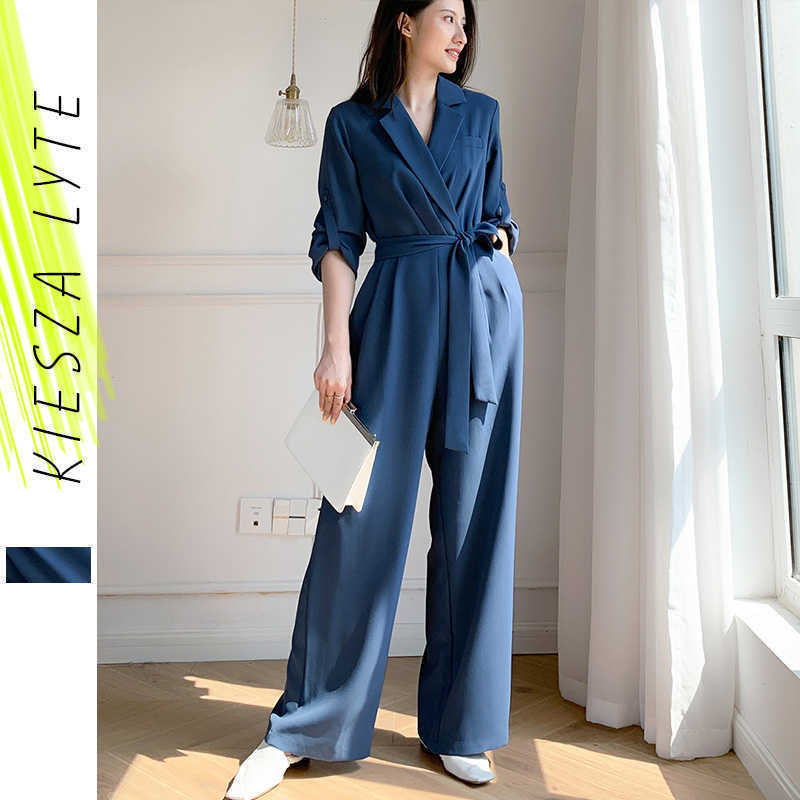 

Women Wide Leg Jumpsuit Long Playsuits Lace Up Blue Rompers Female Casual Office Lady Work Wear Elegant Fashion Clothes 210608