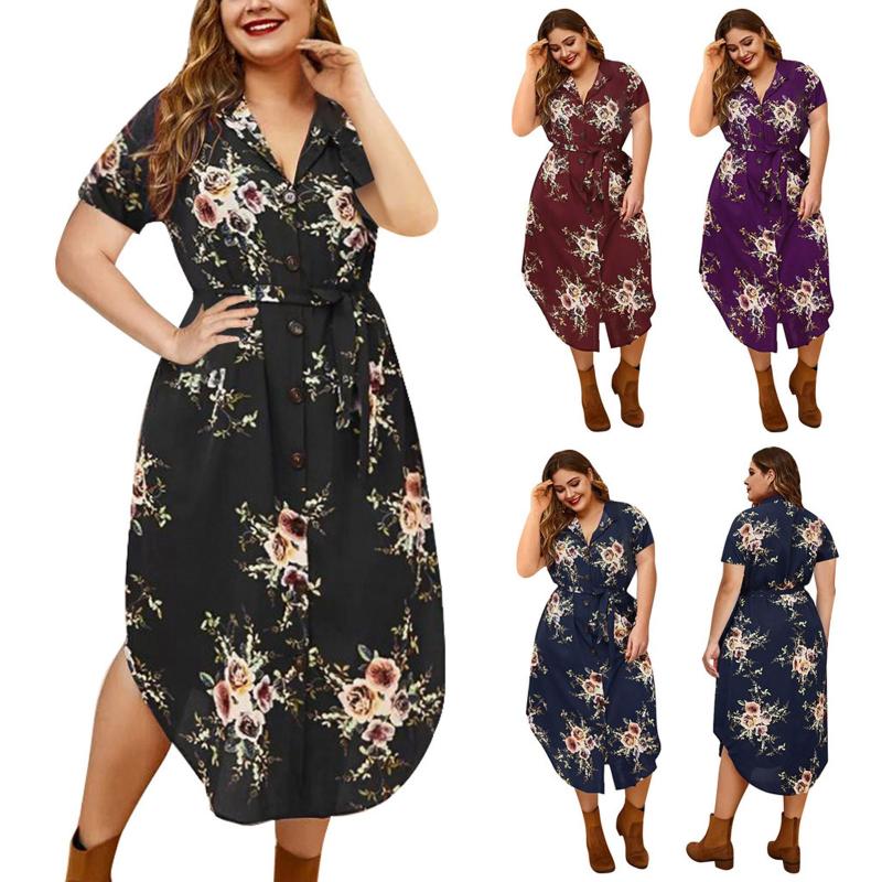 

Plus Size Dresses Summer Dress Women Casual Flower Printed Lapel Button Short Sleeve Large Long Beach Party Female Vestidos, Bk