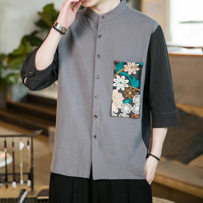 

Men's Casual Shirts Men's Harajuku Clothing Chinese Style Linen Embroidered Flower Tide Brand Stand Collar Tang Suit Ruffian TopsMen's, Hui se