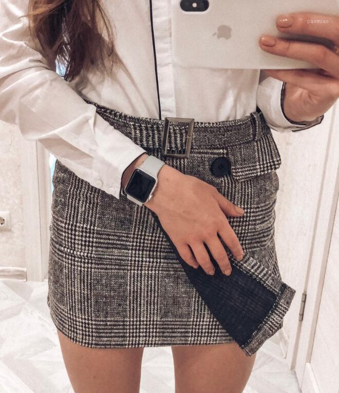 

Two Piece Dress Women High Waist Plaid Skirt Tweed With Button Retro Vinatge Winter Elegant A-Line Skirts Woolen, Brown