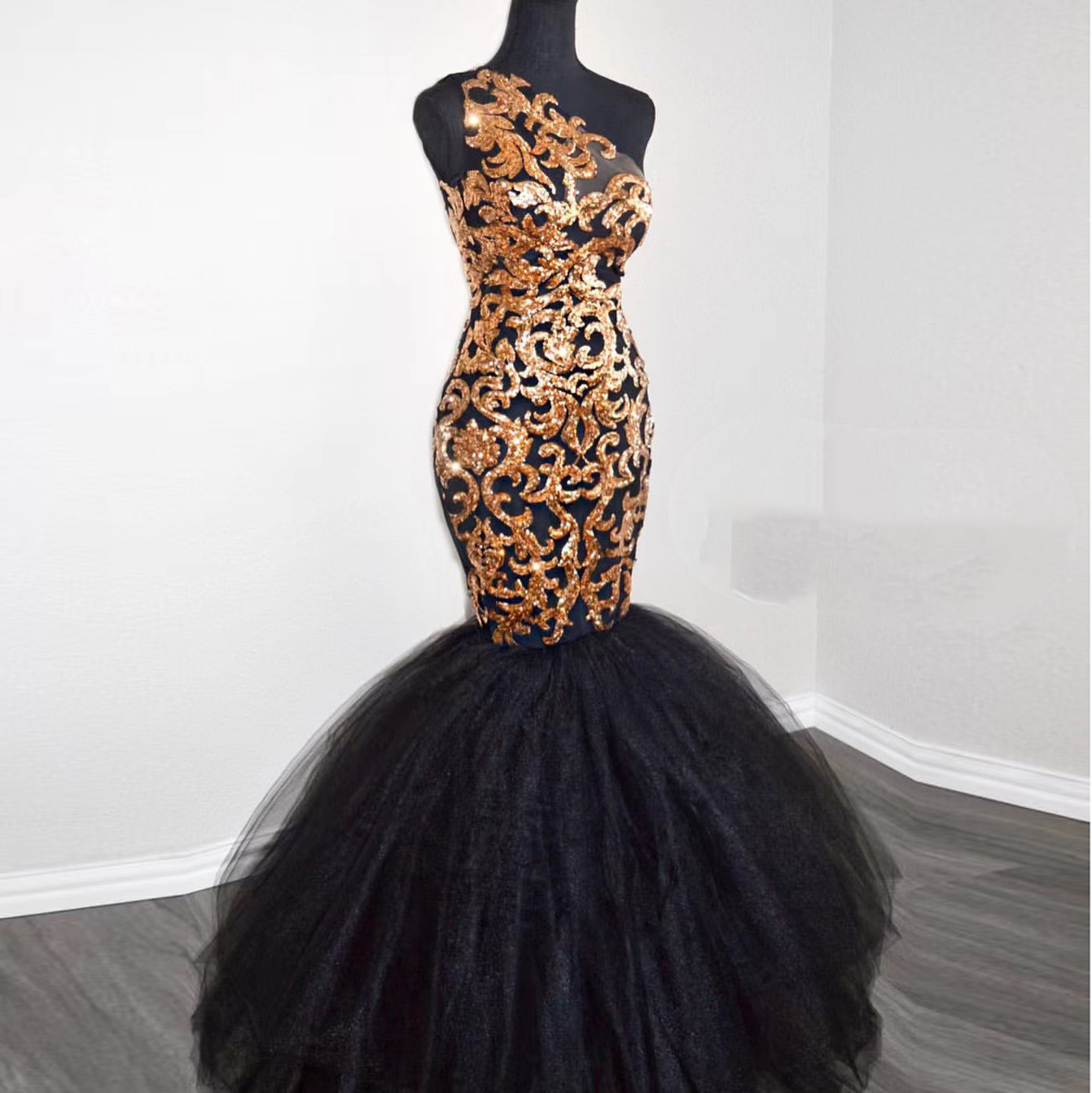 

Luxury Gold Sequined Prom Dresses For Black Girl Mermaid One The Shoulder Sleeveless African Women Dress Formal Party Evening Gowns, Orange