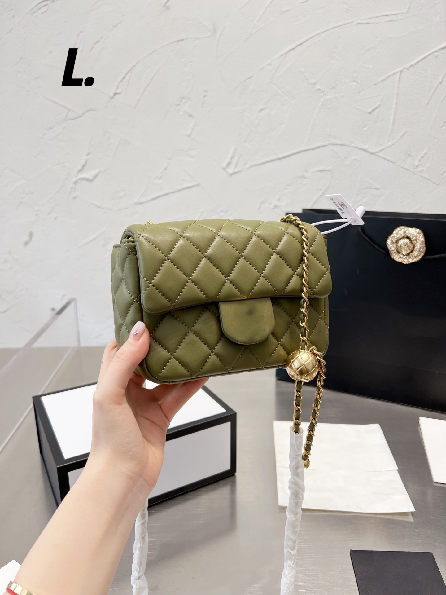 

Designers shoulder bag Luxury tote purse handbag message bags cluth top quality Brand classic Genuine leather Crossbody Original box Flap Gold chain 17CM Green, White