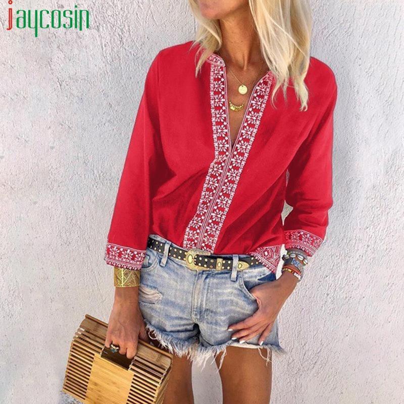 

Blouse Women Cotton Long Sleeve Patchwork Print Loose Casual Tops Ladies Plus Size V-neck Shirts Beach Holiday Femme Women's Blouses &, Red