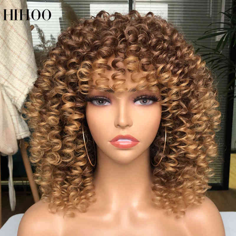 

Hair Synthetic Wigs Cosplay Afro Kinky Curly Wig with Bangs Short Synthetic Wigs for Black Women Omber Brown Blonde Glueless Cosplay Hair High Temperature 220225, 350r