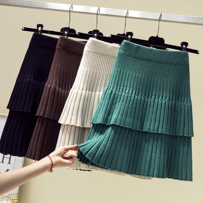 

Skirts 2022 Knitted Mini Skirt Women For Autumn Winter Spring High Waist Cake Femme Black Pleated, Blue