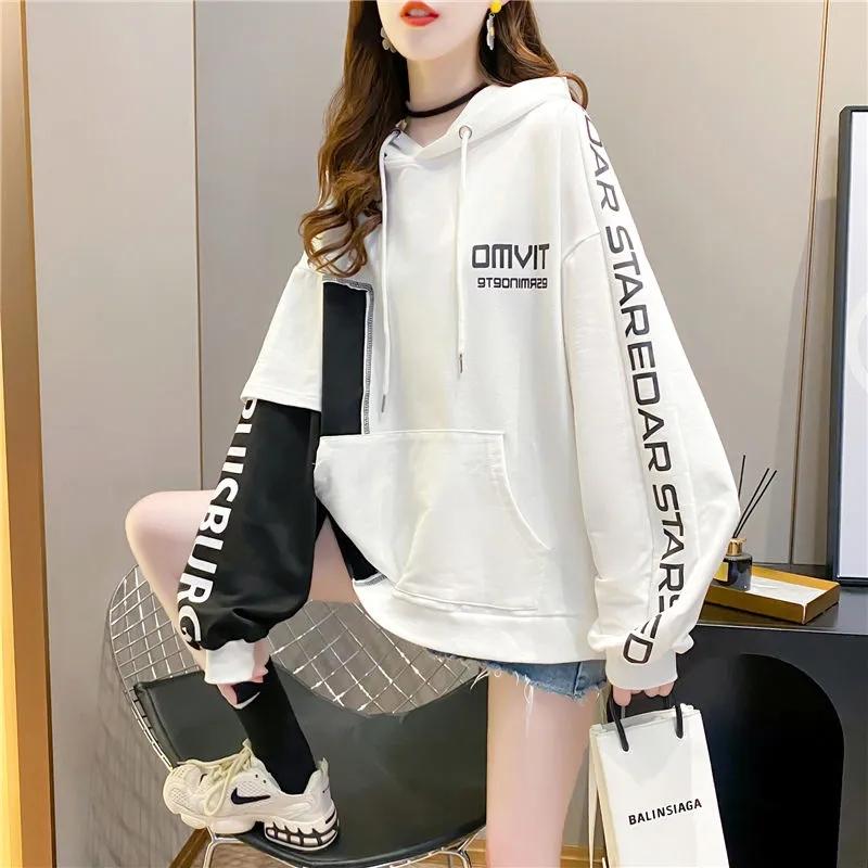 

Women's Hoodies & Sweatshirts Spring Autumn Korean Fashion Letter Women Loose Casual Pocket Print Sweatshirt Long Sleeves Pullover Streetwea, Black