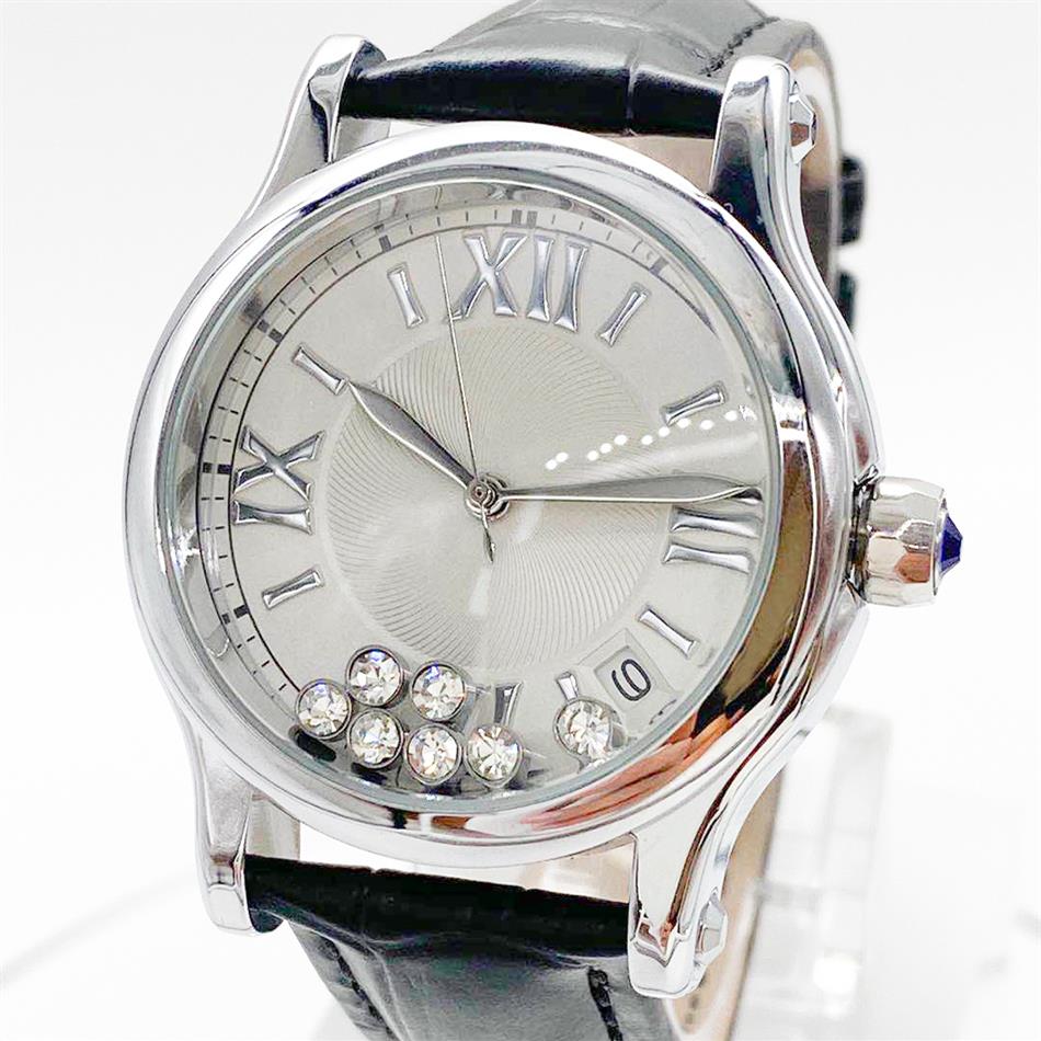 high 34 mm quality leather happy 7 Diamond White Dial beautiful lady quartz watch Black Leather271E