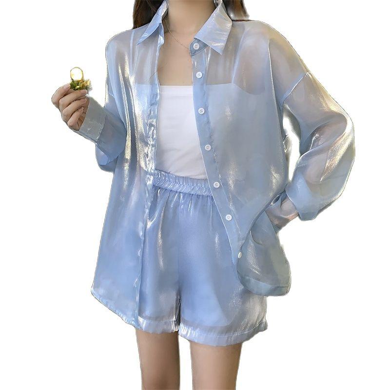 

Women's Two Piece Pants Shinny Blouse Long Sleeves Turndown Collar Single Breast Thin See Through Short Pieces Summer Women SetWomen's, White