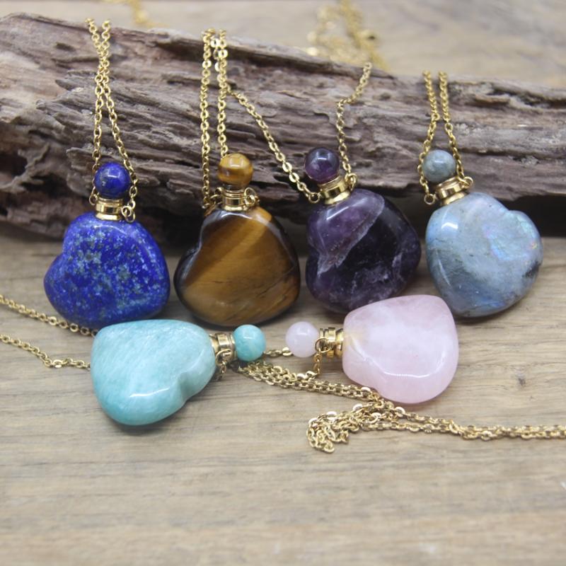 

Pendant Necklaces Natural Amazonite Heart Essential Oil Vial Labradorite Amethysts Tiger Eye Perfume Bottle Charm Jewelry QC1040Pendant