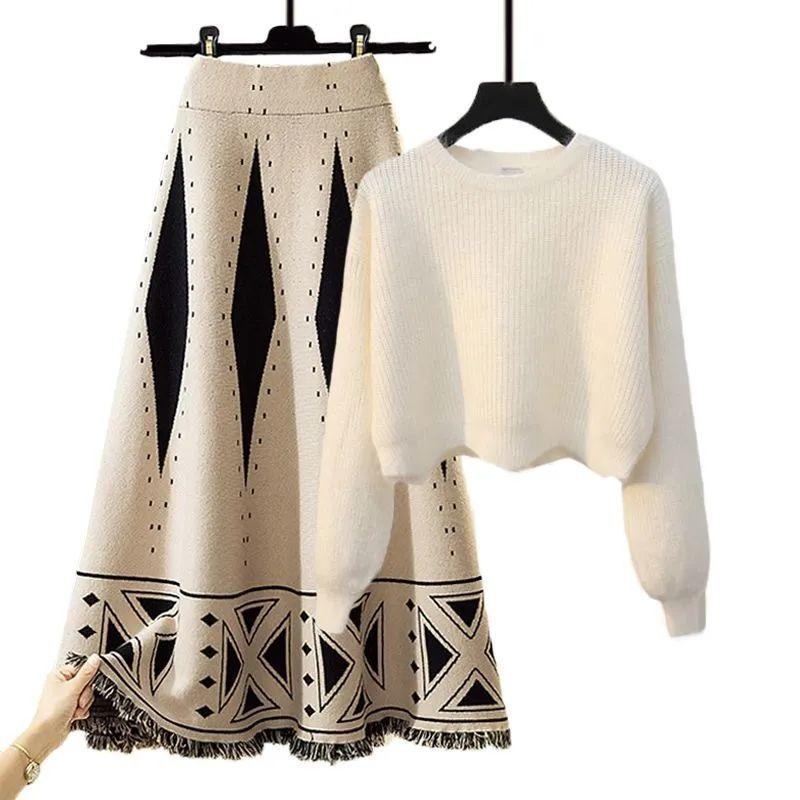 

Women's Sweaters Women Autumn Winter Warm Knitted Two Pieces Sets Korean Long Sleeve Pullover Sweater Top And High Waist Skirts SetsWomen's