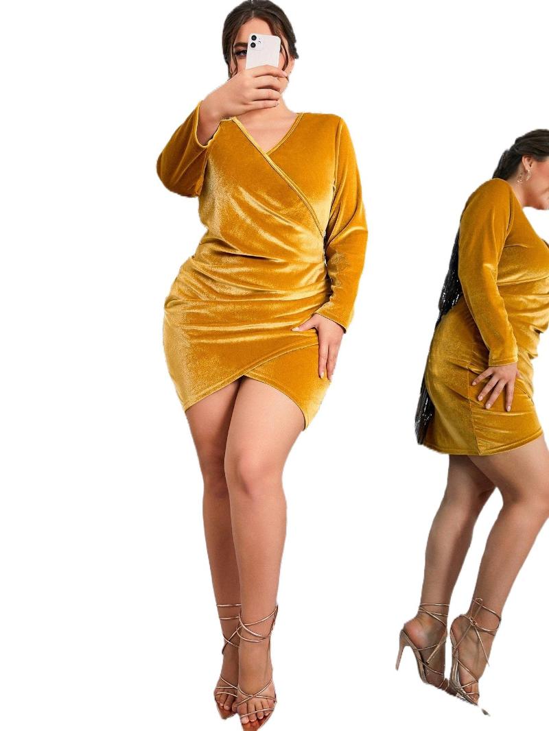 

Plus Size Dresses Surplice Neck Wrap Velvet Bodycon Dress M6sD#Plus, Yellow
