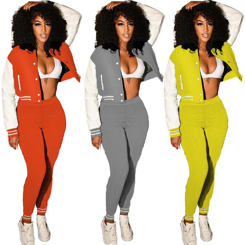 

Women' Two Piece Pants Threaded Baseball Uniform Tracksuit Women Stand Collar Long Sleeve Fashion Sweatshirt+Sweatpants Sets Wholesale, Black