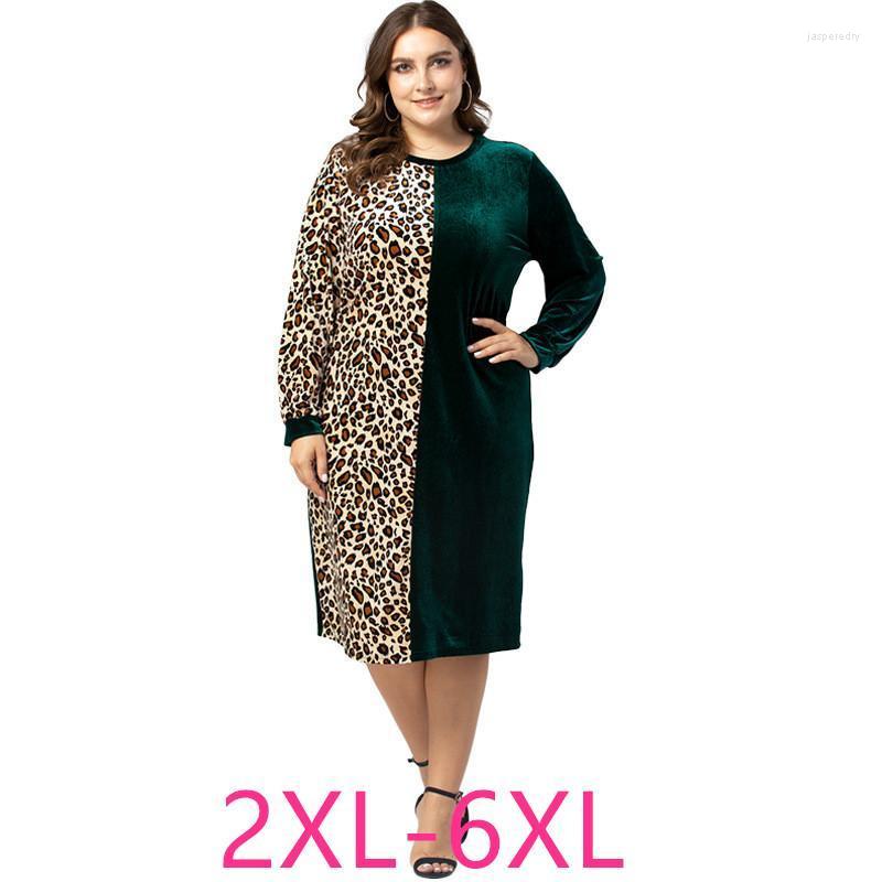 

Plus Size Dresses Autumn Winter For Women Large Long Sleeve Casual Slim Velvet Print Leopard Midi Dress 3XL  5XL 6XL Jasp22, Green