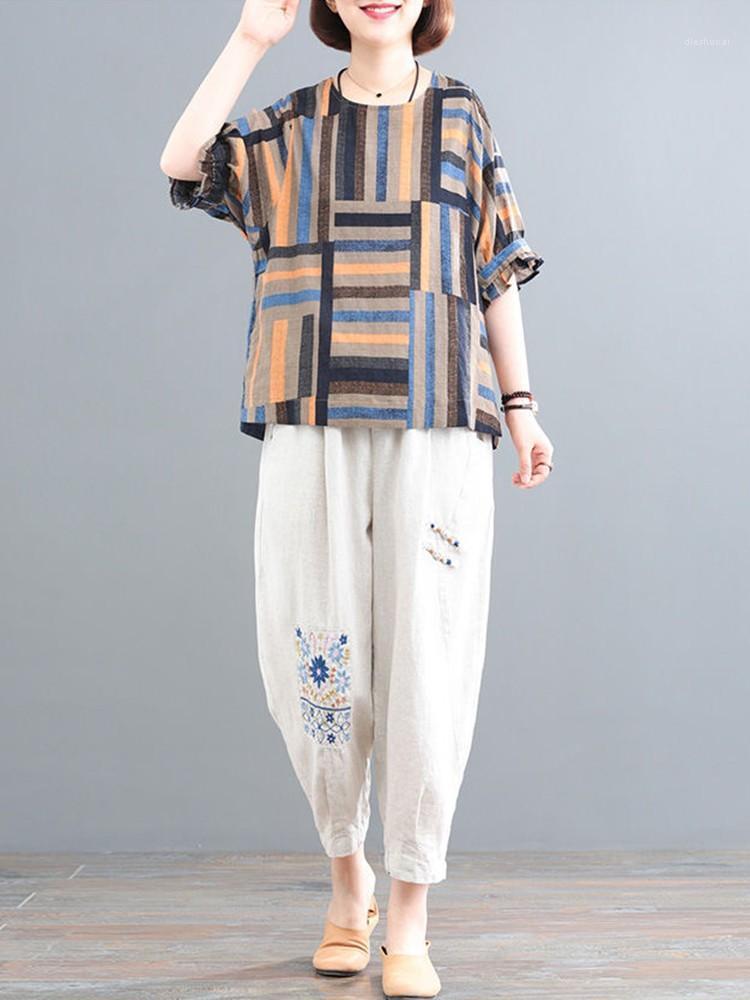 

Women's Two Piece Pants Women Summer Casual Suits 2022 Vintage Style Loose Cotton Linen Female Striped Tops And Harem D272, Blue tops