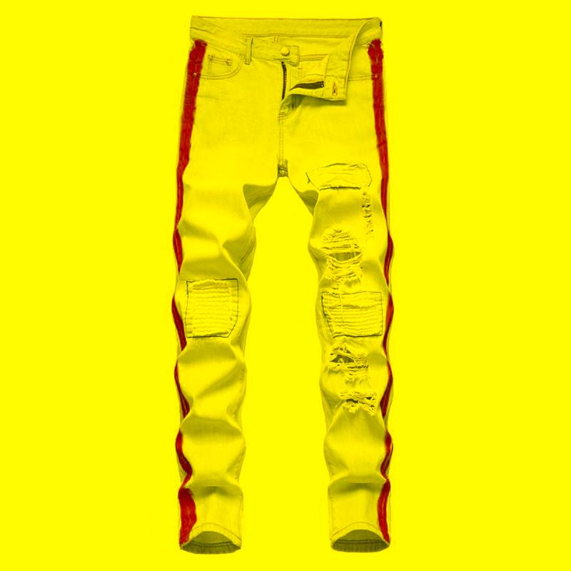 

Men's Jeans Men's Stripe Lines Painted Ripped Streetwear Light Blue Denim Pants Patchwork Biker JeansMen's