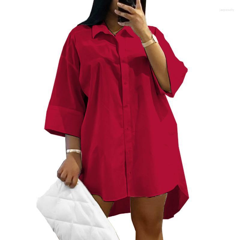 

Plus Size Dresses 5XL Women Shirt Dress Solid Color Turn-down Collar Summer Mini Lady Casual Loose Irregular Beach Vestidos Jasp22, Quan 8060 white