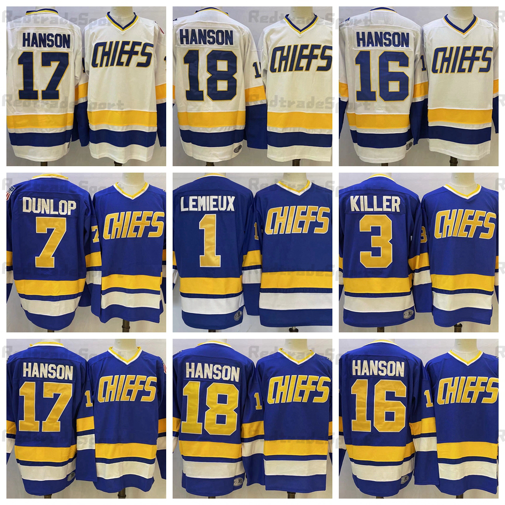 

Mens Slap Shot Movie Charlestown Chief Hockey Jerseys 17 Steve Hanson 18 Jeff Hanson 16 Jack Hanson 1 Denis Lemieux 3 Dave Killer 7 Reggie Dunlo Blue White Shirts S-XXXL, White 7