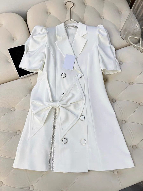 

2022 Luxury Acetate Fabric Double Breasted Dress Women High End Quality Notched Collar Puff Sleeve Patch Bow Slit Rhinestones Skirt, Black