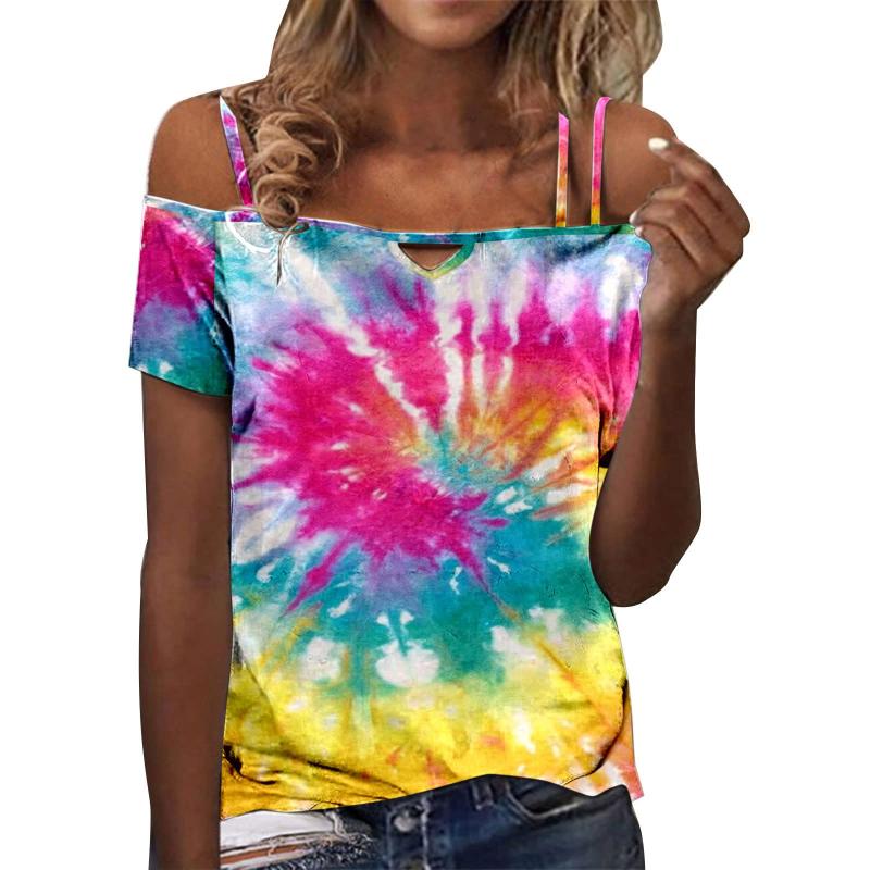 

Women' Tanks & Camis Tie-dye Striped Off Shoulder T Shirts For Women Summer Short Sleeve Sling Casual Graphic Tee Hollow Out Tops Ropa Muje