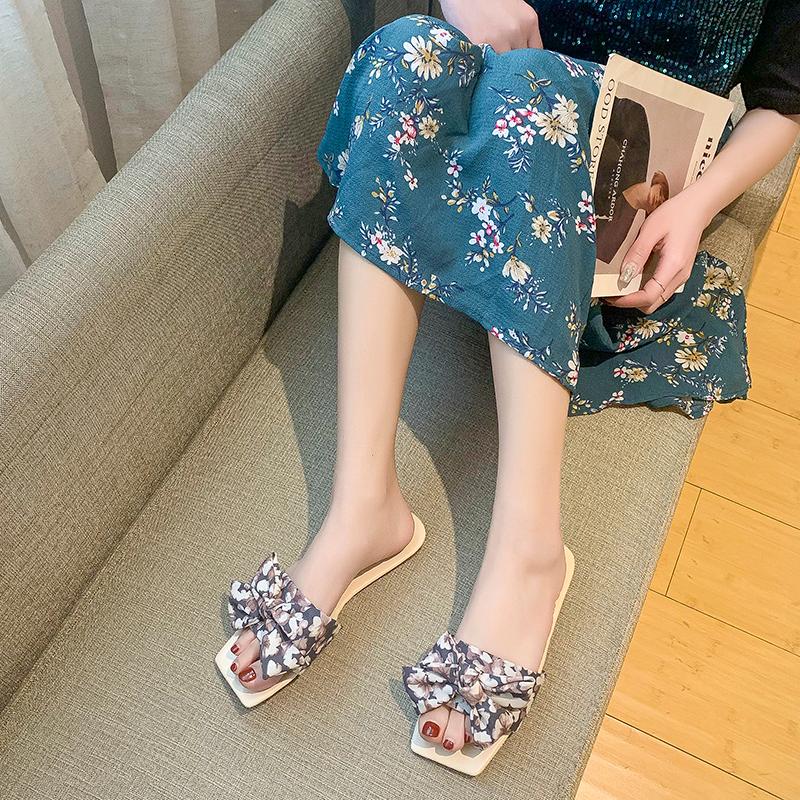 

Sandals Beach Soft Slides Rubber Cotton Fabric Floral Concise Hoof Heel Shoes Woman Female Slippers Low Butterfly-Knot Big SizeSandals, Blue