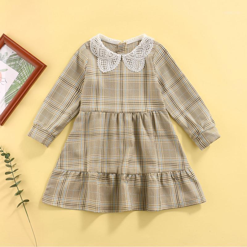 

Girl's Dresses 2-7T Little Girl Korean Casual Beige Long-Sleeved Dress Fashion Plaid Printed Doll Collar A-Line Cute And Fresh Short Skirt, As pic