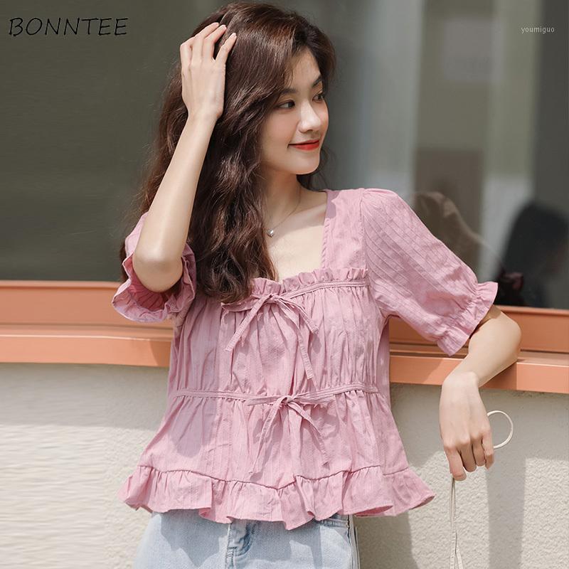 

Women' Blouses & Shirts Women Lovely Holiday Loose Cropped Design Ladies Tops Lace-up Preppy Simple Summer Basic Ulzzang Girls Clothing Blu, Pink