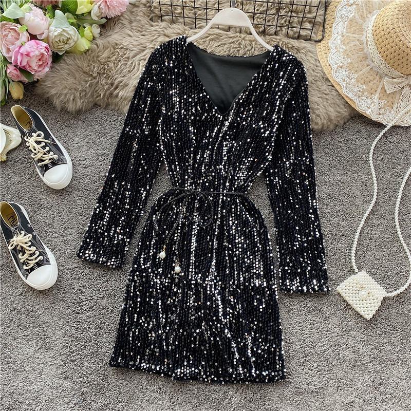 

Casual Dresses Women Long Sleeve Sequins Mini Dress Evening Party Fashion Club Sexy V-neck Wrap Bodycon Clubwear, Black;gray