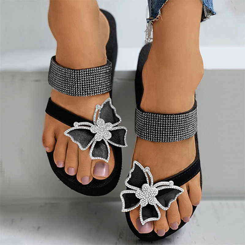 Sandales compensées pour femmes 2022 Pantoufles de mode d'été Plate-forme strass papillon pantoufle en plein air bout ouvert dames chaussures ton