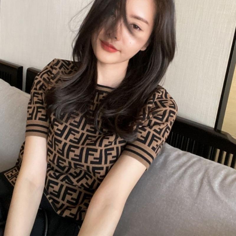 Spring And Summer 2022 Letter Short Sleeve Retro T-shirt Stretch Knitted Top Looks Thin Versatile Women's