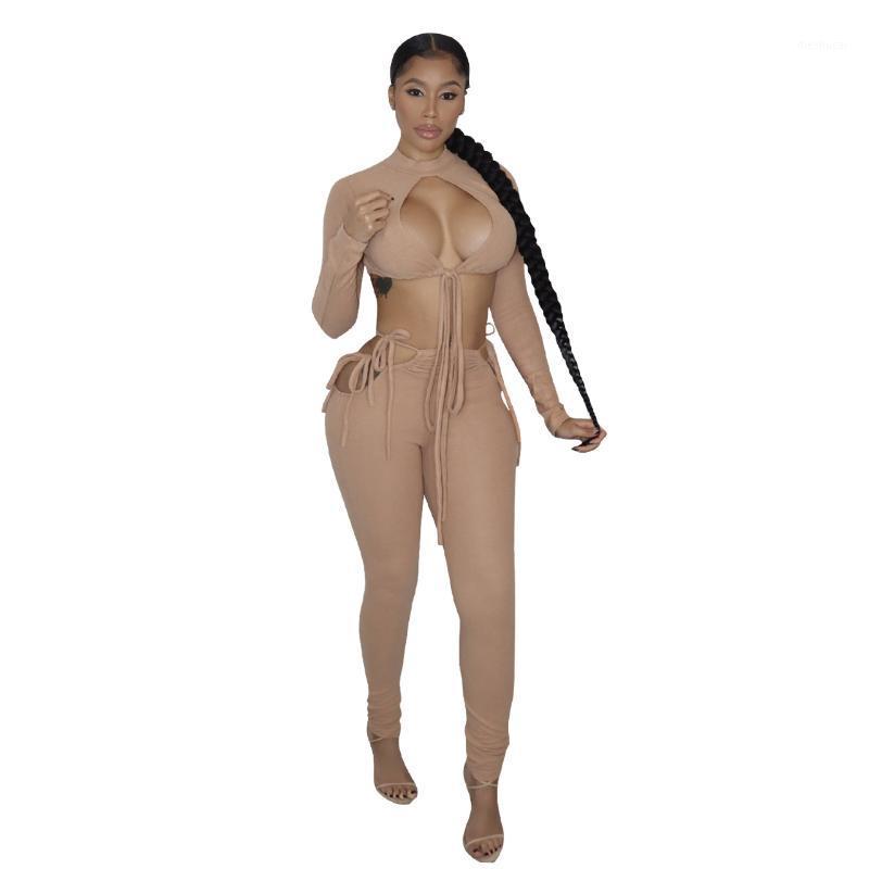 

Women' Two Piece Pants Casaul Women Tracksuit Matching Set Sportsuit Solid Bandage Shirt And Long Clothes For Outfit, Khaki